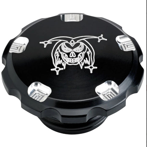 HD SERRATED MOTORCYCLE GAS CAP JOKER FACE USA MADE  96 & UP HARLEY MODELS BLACK OR SILVER