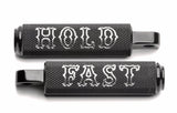 MOTORCYCLE FOOT PEGS KNURLED ANODIZED ALUMINUM, BLACK OR GOLD, HARLEY/ CUSTOMS " HOLD FAST"