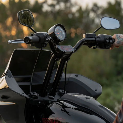 2025 LOW RIDER ST - 1.25 HANDLEBARS 8 TO 20 INCH TALL GLOSS BLACK WITH GUAGE RELOCATION KIT (Gloss Black)