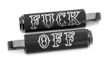 MOTORCYCLE FOOT PEGS USA MADE ALUMINUM/ ANODIZED " FUCK OFF" LOGO, HARLEY/ CUSTOMS
