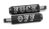 MOTORCYCLE FOOT PEGS USA MADE ALUMINUM/ ANODIZED " FUCK OFF" LOGO, HARLEY/ CUSTOMS