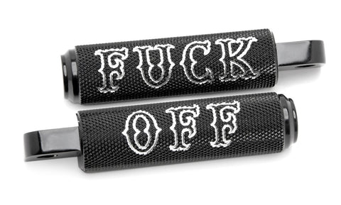 MOTORCYCLE FOOT PEGS USA MADE ALUMINUM/ ANODIZED " FUCK OFF" LOGO, HARLEY/ CUSTOMS