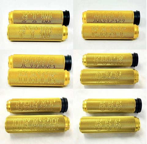 MOTORCYCLE FLY BY WIRE GRIPS GOLD KNURLED WITH WRITING OR PLAIN FBW