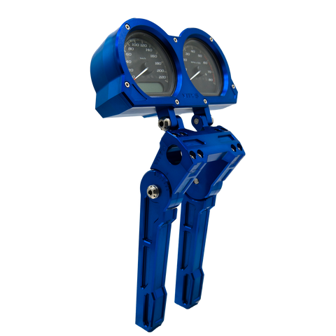 ADJUSTABLE  8 OR 10 INCH MOTORCYCLE BAGGER RISERS WITH GAUGE CUPS BLUE