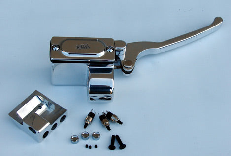 Handlebar brake master cylinder 5/8″ bore with switch kit single disc 1973-2006 Softail® Fits 1″ bars, CHROME, BLACK OR POLISHED